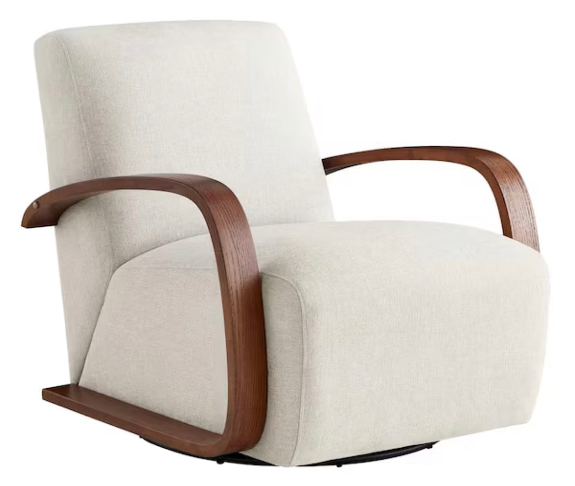 Ella Linen Fabric Swivel Accent Chair with U-shaped Walnut Solid Wood Arm Modern Armchair for Living Room or Bedroom