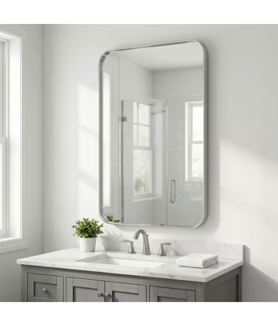 Modern Silver 32 in. W x 48 in. H Rounded Rectangle Aluminum Alloy Framed Vanity Wall Mirror