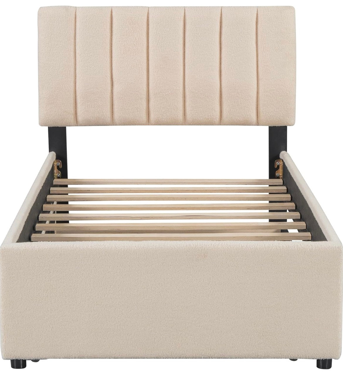 Teddy Fleece Twin Size Upholstered Platform Bed with Trundle, Remote-Control LED Lights, Solid Frame & Extra Sleeping Space (Beige, Twin)
