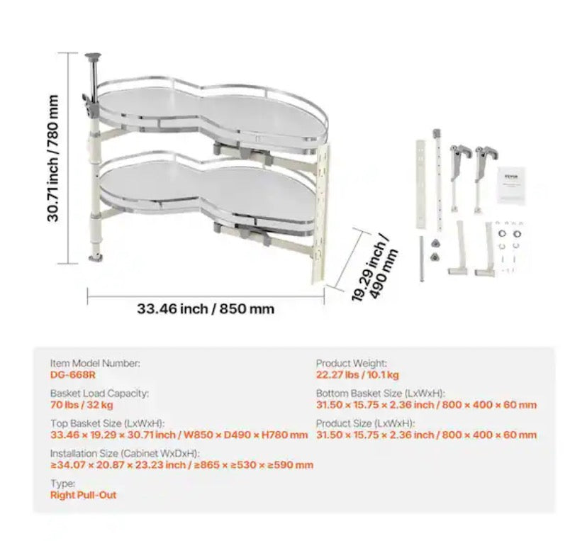 Swing Right Blind Corner Cabinet Pull Out for 36 in. Cabinet 2-Tier Swing Tray Soft Close Cloud Blind Organizer