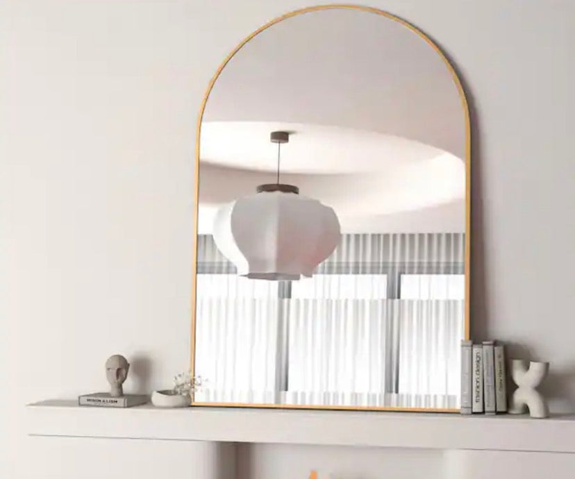 24 in. W x 32 in. H Arched Metal Framed Wall Bathroom Vanity Mirror Gold