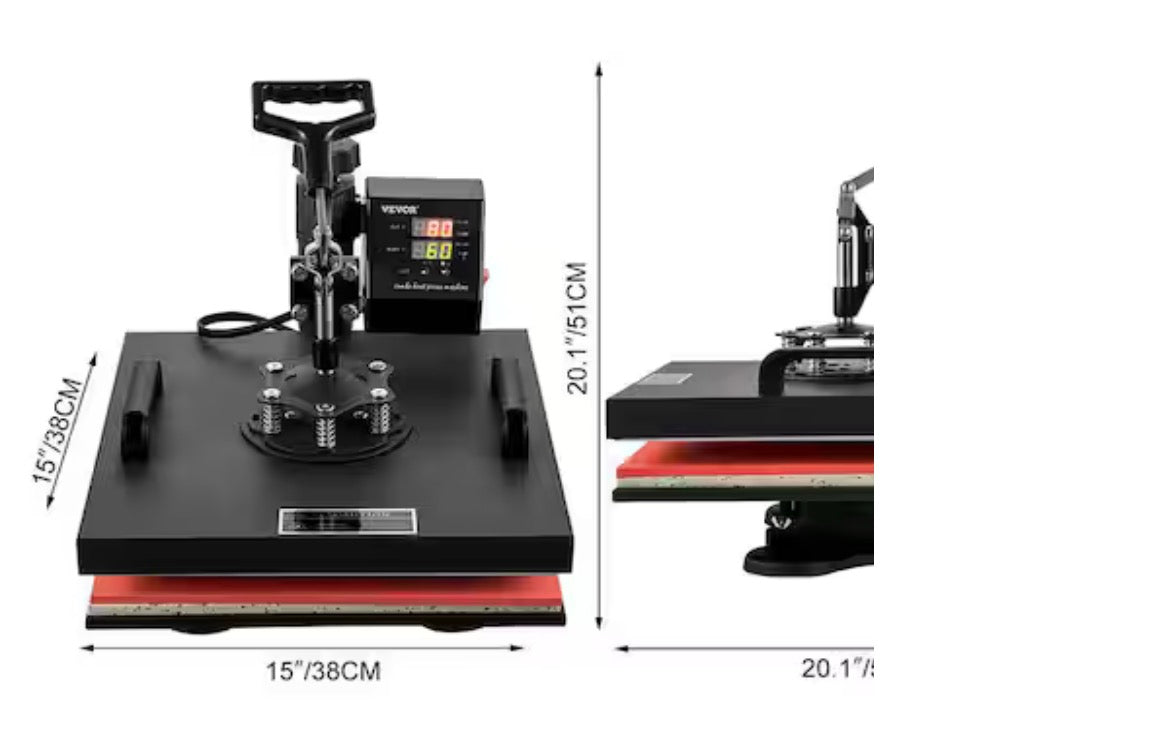 15 in. L x 15 in. W Heat Press Machine 8 in 1 Dual LED Display 360° Rotation Swing Away T-Shirt Press Machine, Black