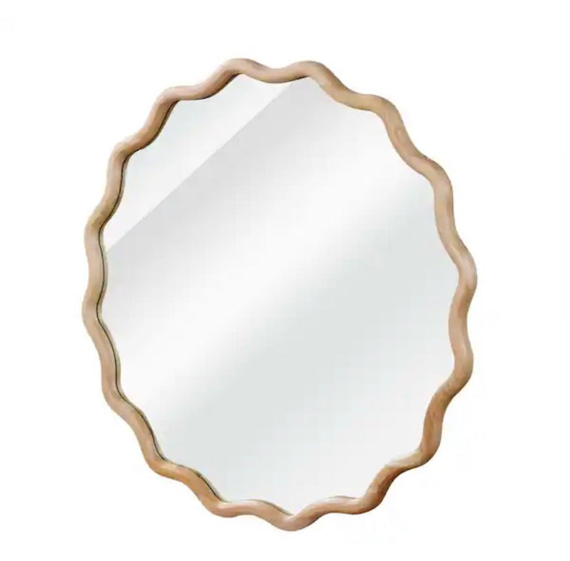 36 in. W x 36 in. H Wavy Round Solid Wood Framed Bathroom Mirror Wall Mirror in Natural Wood Brown