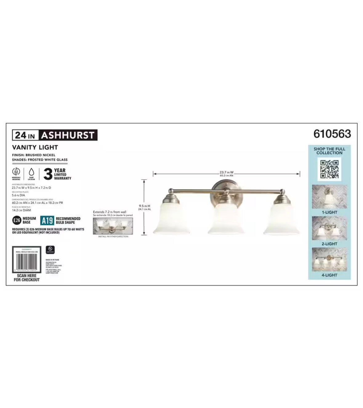 Ashhurst 3-Light Brushed Nickel Classic Traditional Bathroom Vanity Light with Frosted Glass Shades