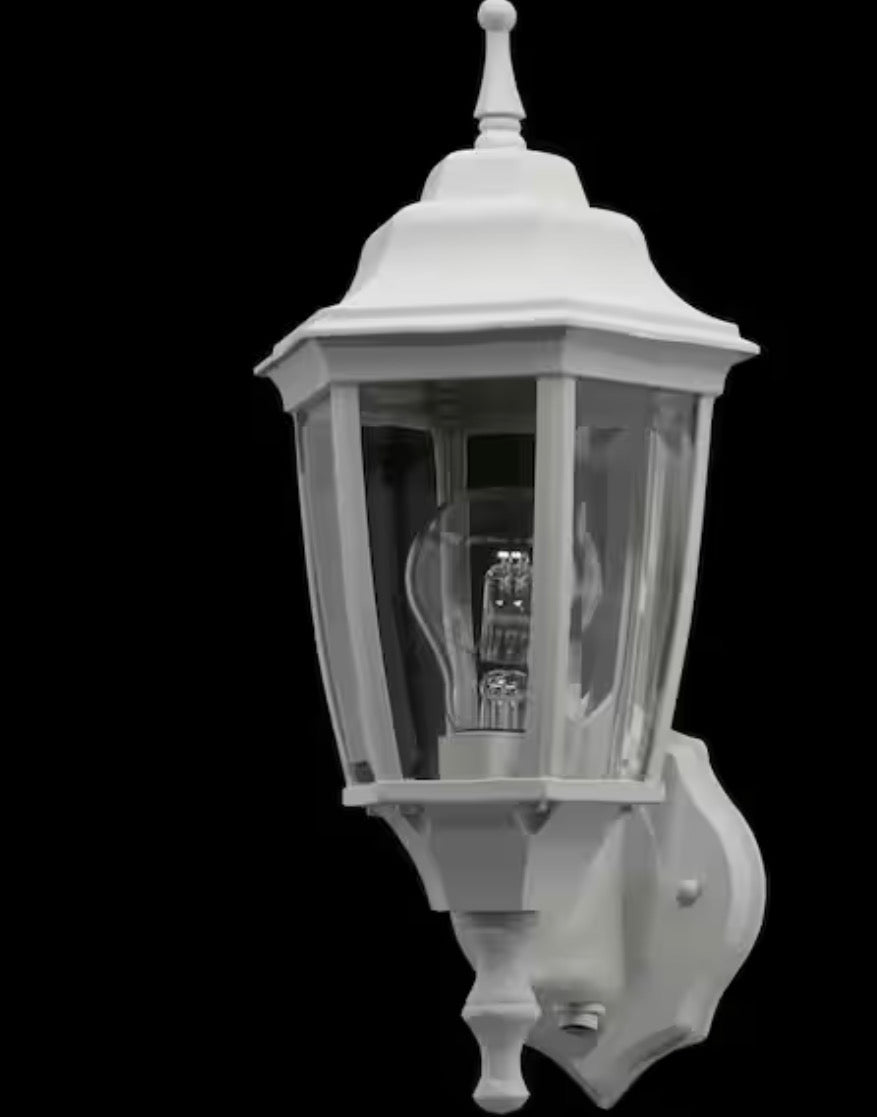 14.37 in. White Dusk to Dawn Decorative Outdoor Wall Light Lantern Sconce