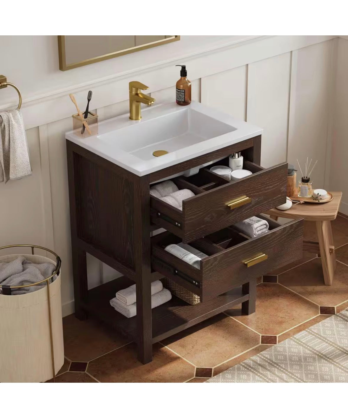 Magen 25 in. Single Sink Bath Vanity in Walnut with White Engineered Solid Surface Top and 2 Drawers (Unassembled)