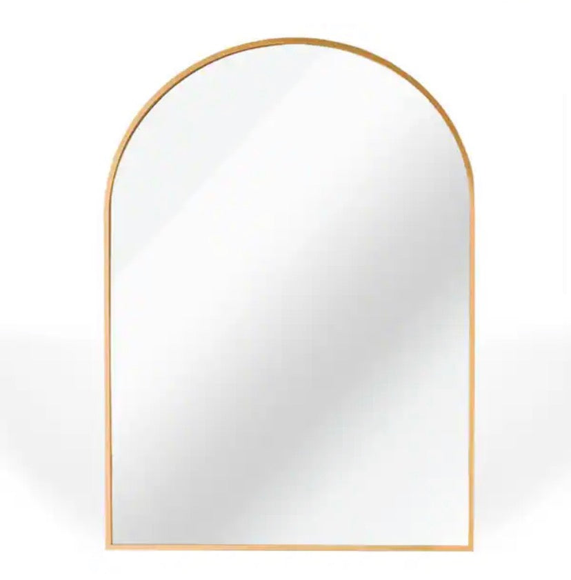 24 in. W x 32 in. H Arched Metal Framed Wall Bathroom Vanity Mirror Gold