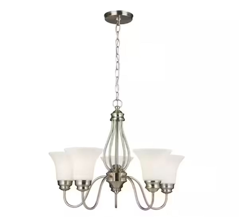 Kensley Park 5-Light Classic Traditional Brushed Nickel Hanging Candlestick Chandelier with Frosted White Shade