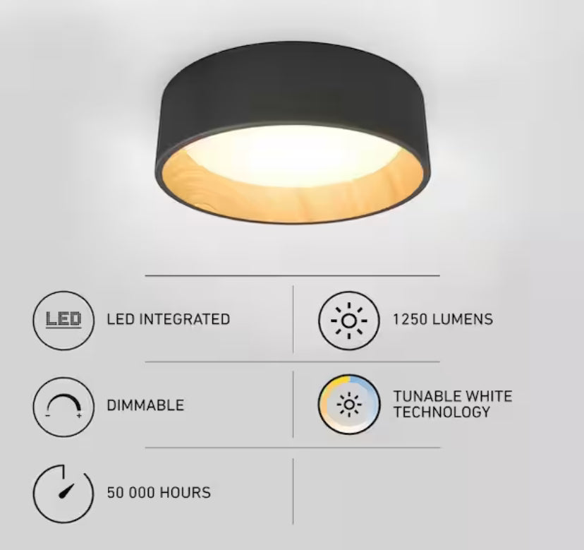 Alton 13 in. 1-Light Modern Black and Wood Integrated LED 3 CCT Flush Mount Ceiling Light Fixture for Kitchen or Bedroom