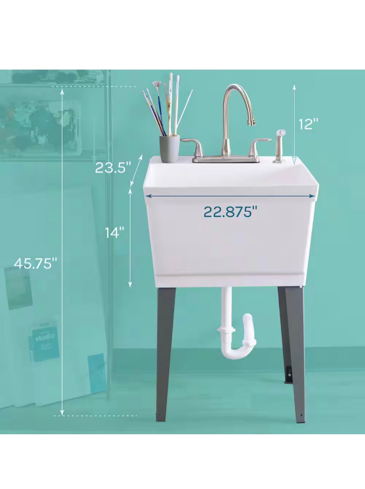 Complete 22.875 in. x 23.5 in. White Utility Sink Set with Metal Hybrid Stainless Steel High Rise Faucet & Side Sprayer