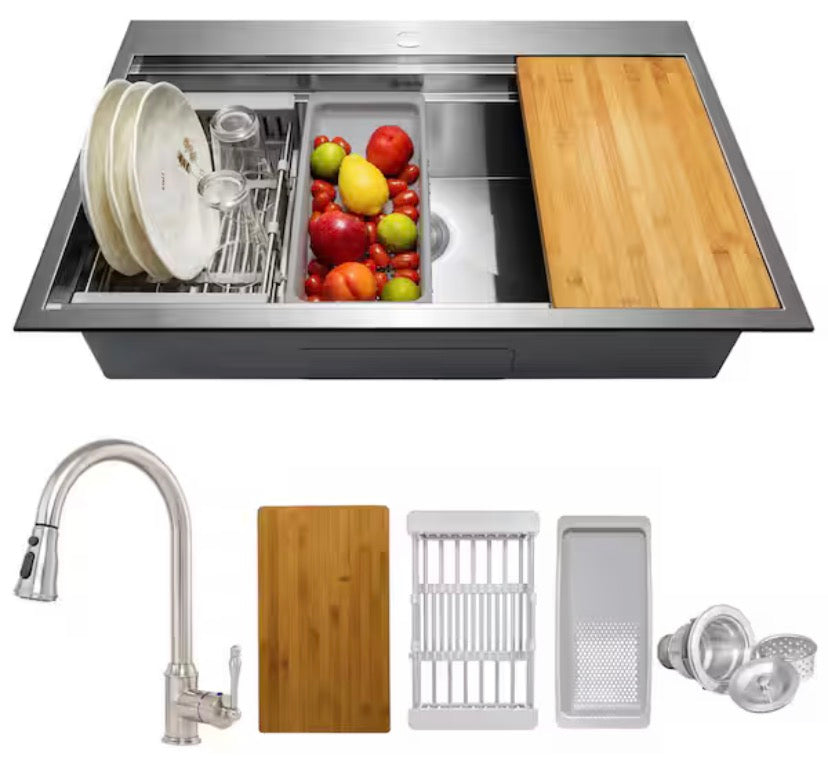 Handmade All-in-One 30 in. x 22 in. Drop-in Single Bowl Stainless Steel Workstation Kitchen Sink with Pull-down Faucet