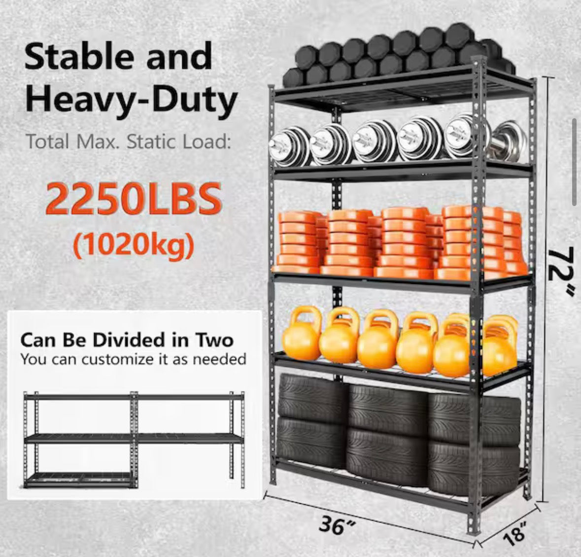 5-Tier Adjustable Metal Storage Shelving Unit Pantry Organizer in Black (36 in. W x 72 in. H x 18 in. D)