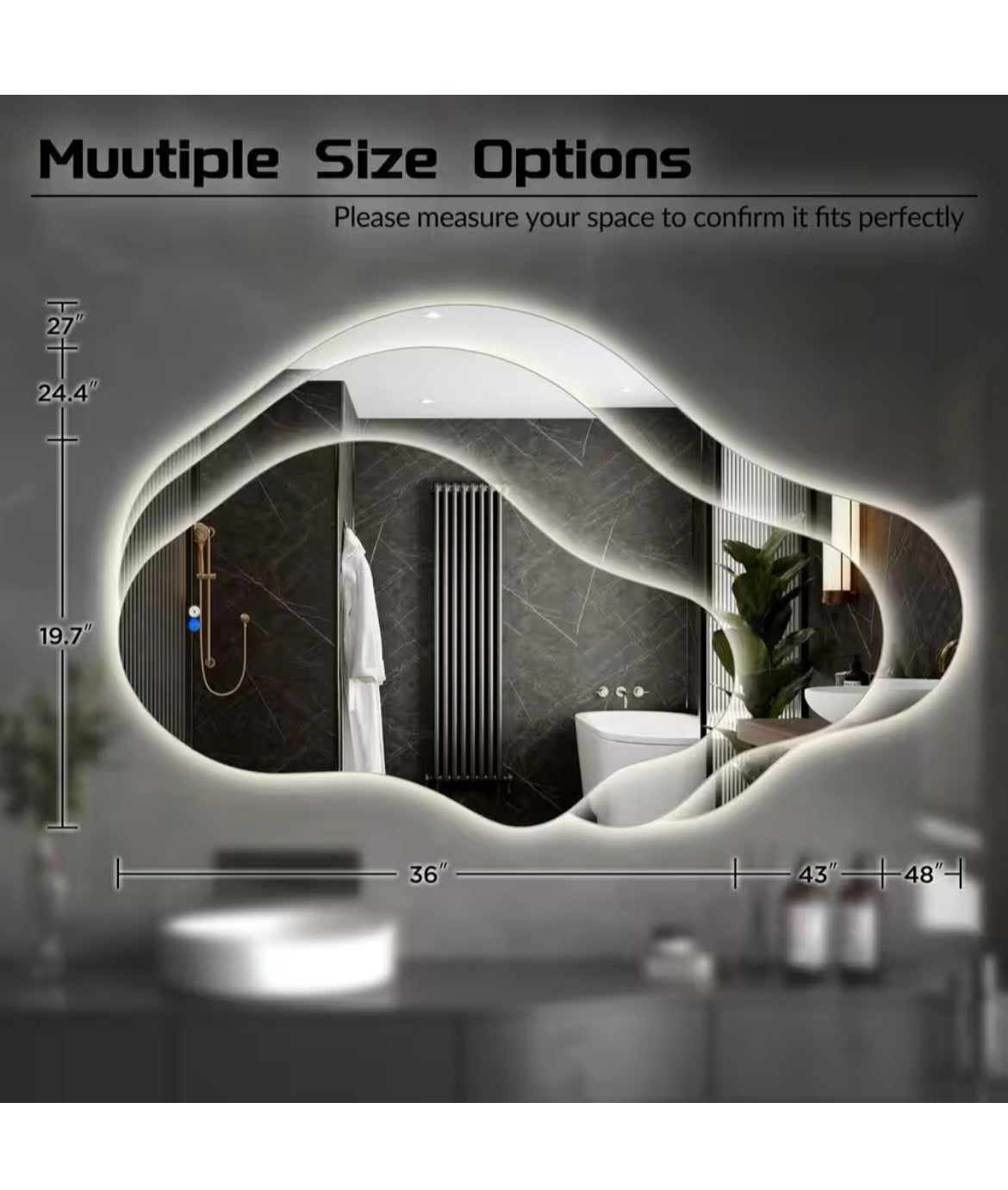 20 in. W x 36 in. H Asymmetrical Frameless LED Light Anti-Fog 3-Colors Dimmable Irregular Wall Mirror