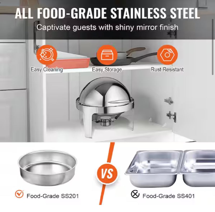 6 Qt. Roll Top Chafing Dish Set, 2-Pack, Stainless Steel Chafer, Full-Size Pans, Catering Warmer, Lid, Fuel Holder