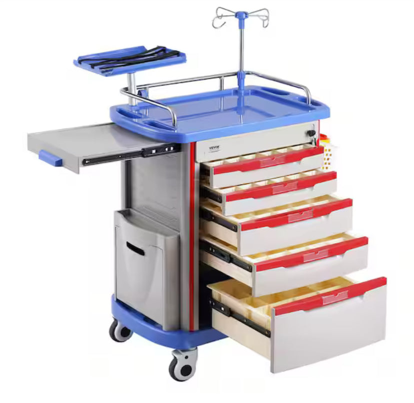 Utility cart Blue Steel Kitchen Cart with 5 Tiers Lab Carts Mobile Medical Cart with 5-Drawers and 2 Trash Cans