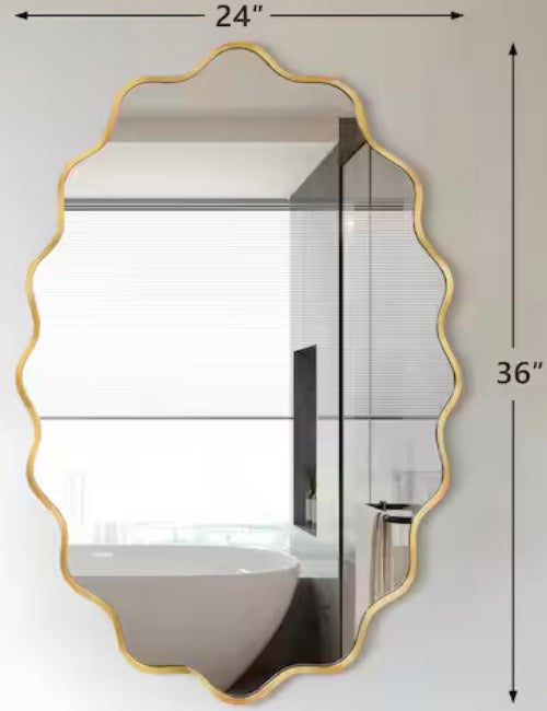 24 in. W x 36 in. H Oval Gold Aluminum Alloy Framed Scalloped Wavy Wall Mirror