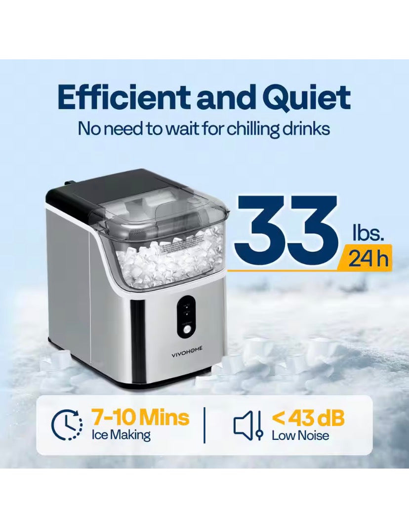 8. 7 in. 33 lbs. Countertop Nugget/Pebble Ice Maker with Self-Cleaning in Silver