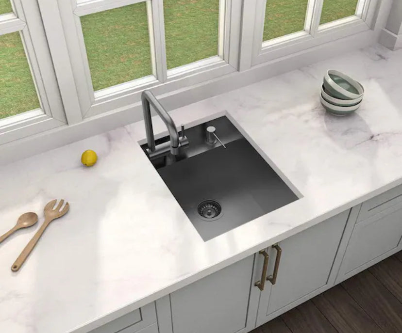 Zero Radius 15 in. Undermount 18G Gunmetal Black Stainless Steel Single Bowl Workstation Bar Sink with Folding Faucet