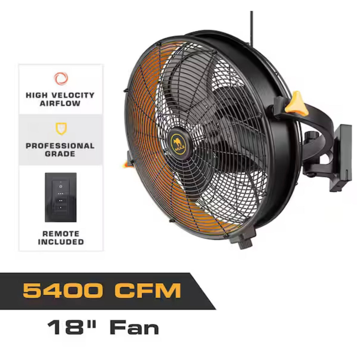 18 in. Outdoor Wet Rated Matte Black/Yellow Garage Wall Fan with Remote
