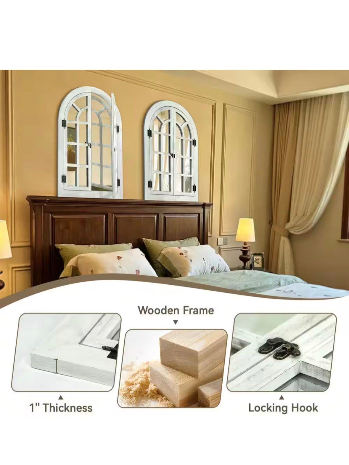 24 in. W x 36 in. H Farmhouse Arched White Washed Wood Framed Windowpane Wall Mirror