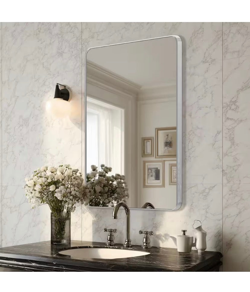 24 in. W x 36.1 in. H Modern Rectangular Aluminum Frame Silver Wall Mirror