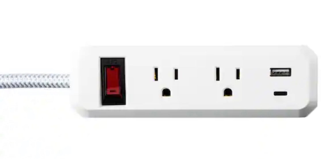 8-in-1 6-Outlet 5 ft. Power Strip with 2 USB Ports, White