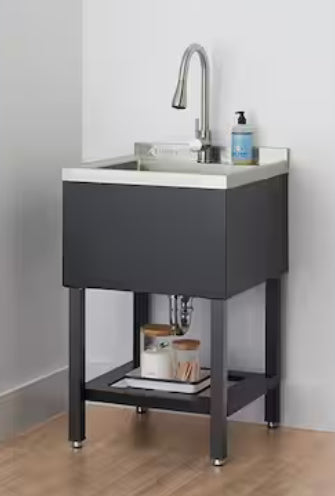 18 in. W x16 in. D Basin Freestanding Laundry/Utility Sink in Stainless Steel and Black with Pull-Out Faucet + Sink Grid