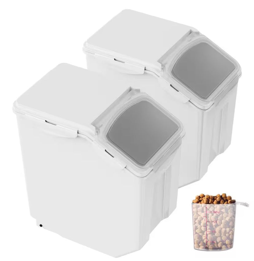Ingredient Storage Bin Set, 2 x 15 L with Measuring Cups, Casters and Airtight Lid, for Pet Food or Kitchen, 2-Piece, PP
