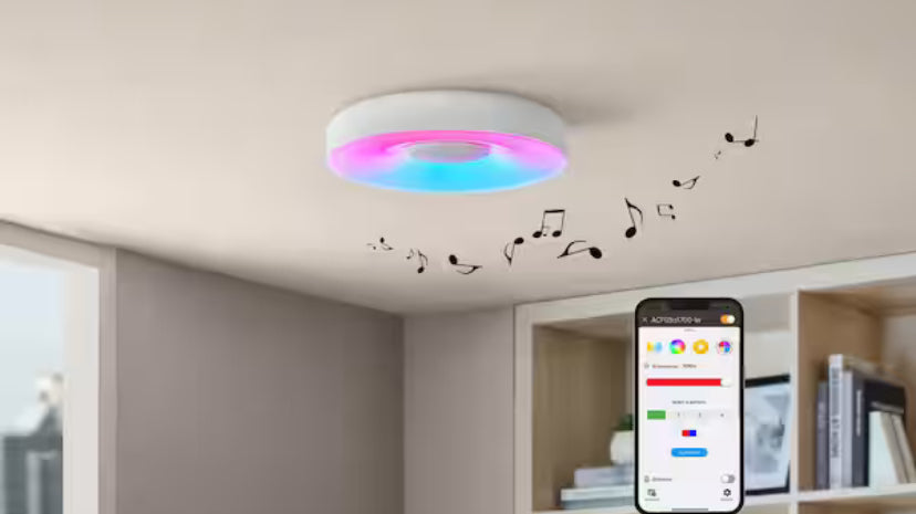 13 in. White Smart Gradient Light Flush Mount with Bluetooth Speaker Powered by Hubspace