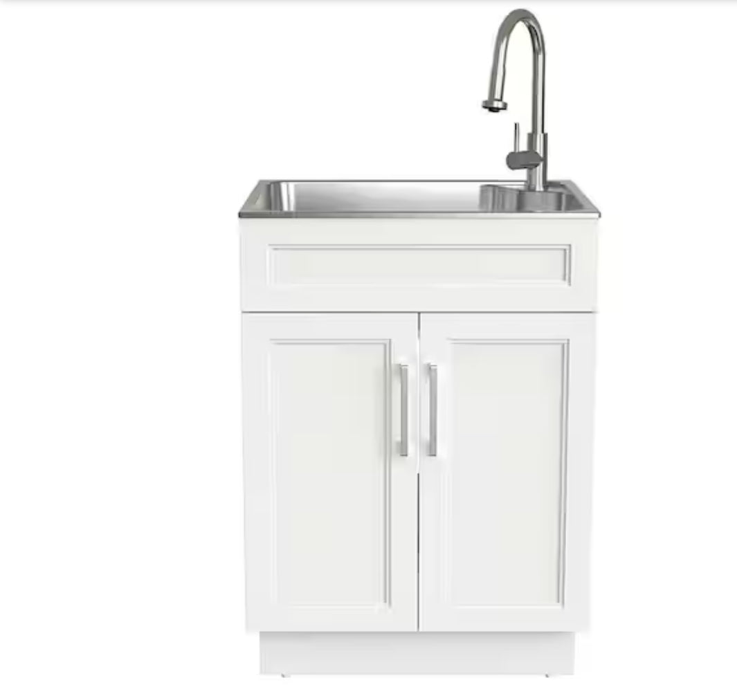 24 in. W x 21 in. D x 51 in. H Drop-In Stainless Steel Laundry Sink with Faucet and Cabinet in White