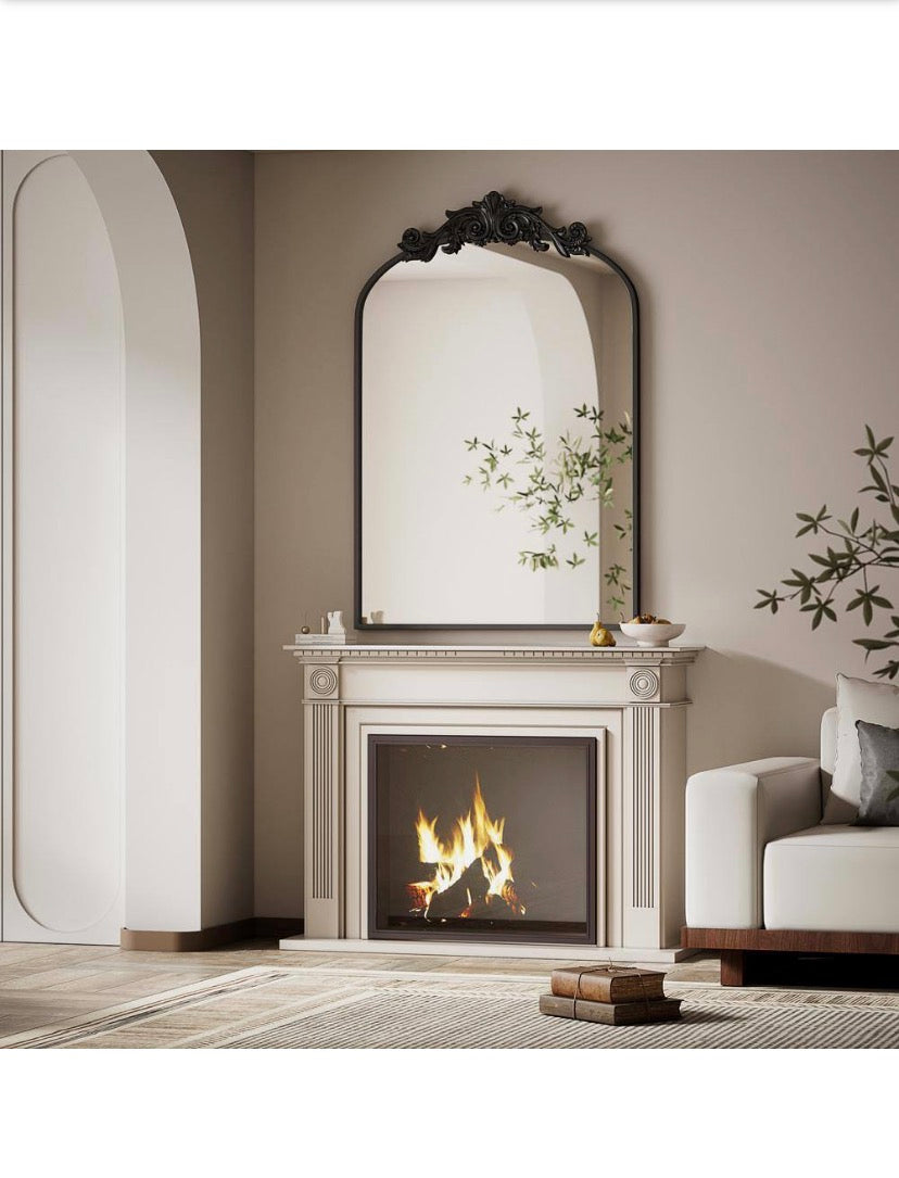 24 in. W x 35.8 in. H Arched Black Metal Framed with Carved Decoration Vanity Mirror Wall Mirror