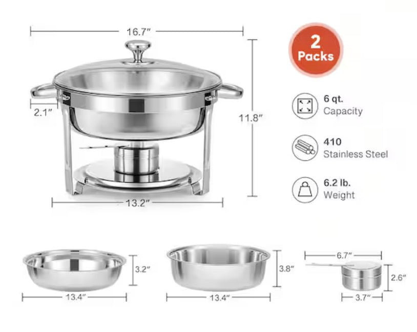 2-Pack 6 qt. Stainless Steel Round Chafing Dishes Buffet Set Glass Lid Holder