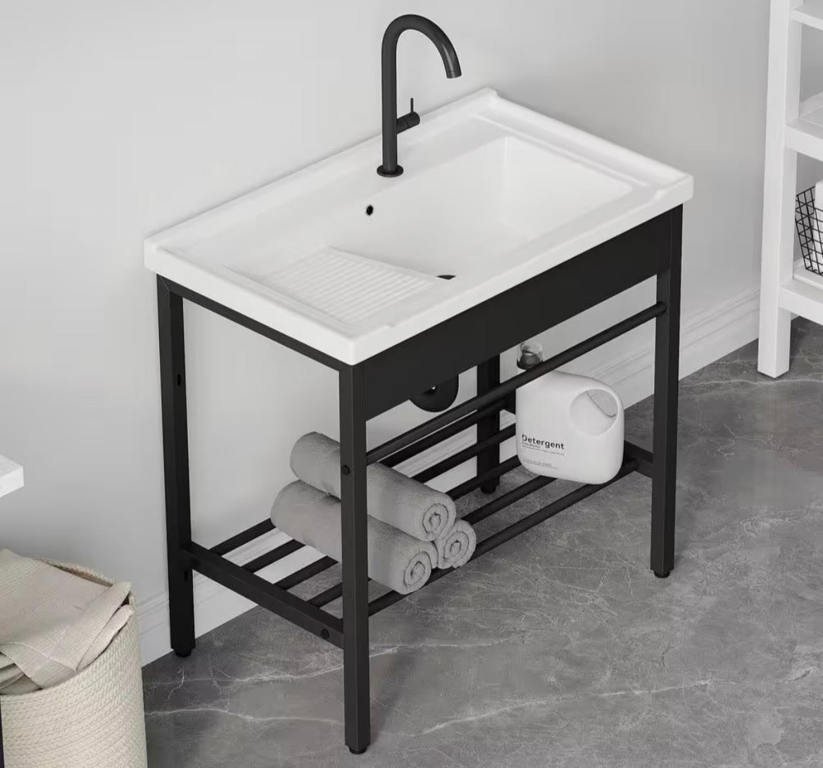 Branson 32 in. W x 19 in. D Vitreous China Freestanding Utility/Laundry Sink in White with Cabinet (Faucet Not Included)