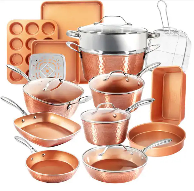 Hammered Copper 20-Piece Aluminum Non-Stick Cookware and Bakeware Set
