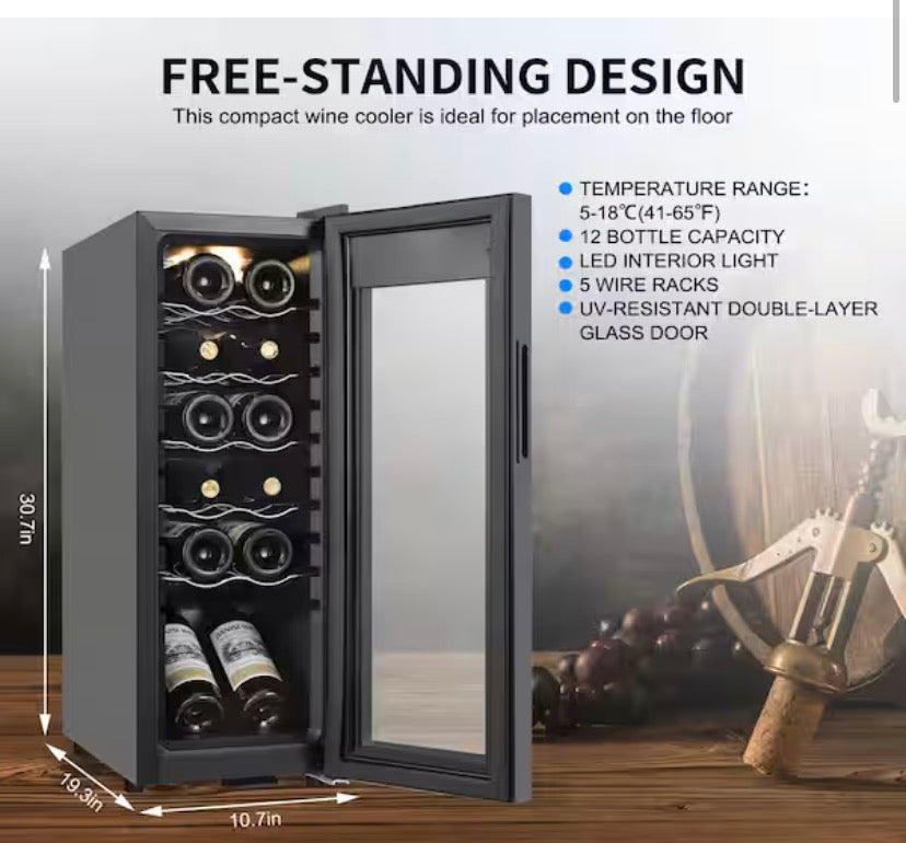 10.7 in. Wine Cooler 12 Bottle Freestanding Wine Refrigerator with Door Lock, Black