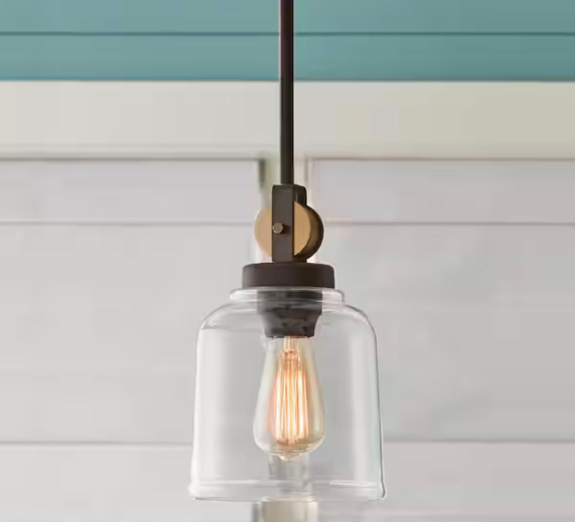 Knollwood 7 in. 1-Light Black Bronze Vintage Brass Accents Industrial Mini Pendant Light for Kitchen Bulb Included