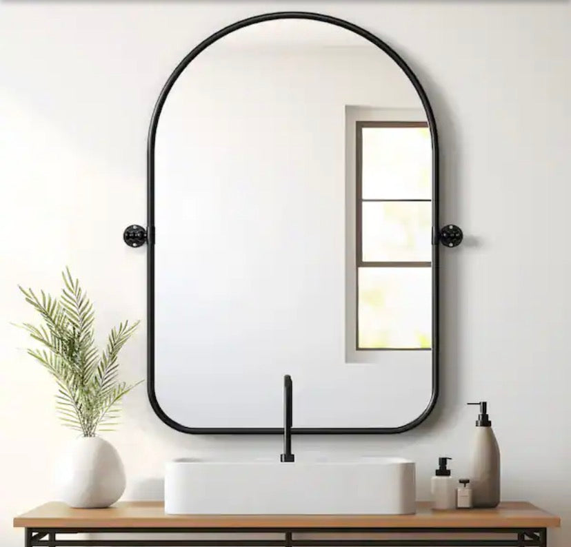 24 in. W x 36 in. H Arched Black Framed Wall Mirror Round Corner Bathroom Vanity Mirror