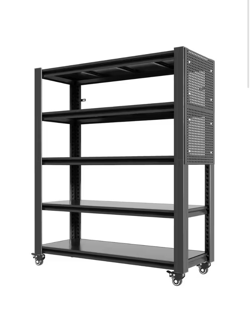 5-Tier Black Metal Heavy Duty Storage Rack with Pegboard and Wheels 2000lbs. Total Capacity (47 in.Wx 23.6 in.Dx72 in.H)