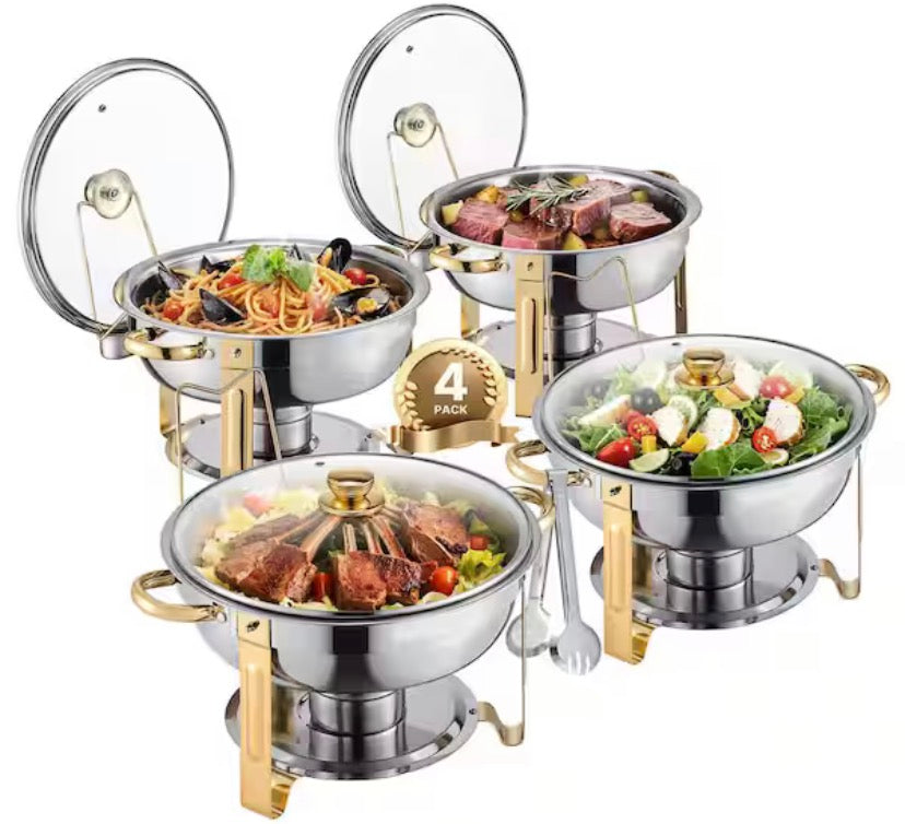 Chafing Dish Buffet Set, 5 qt. 4-Pack, Stainless Steel Chafer with Pans and Glass Lid, Round Catering Warmer with Fuel