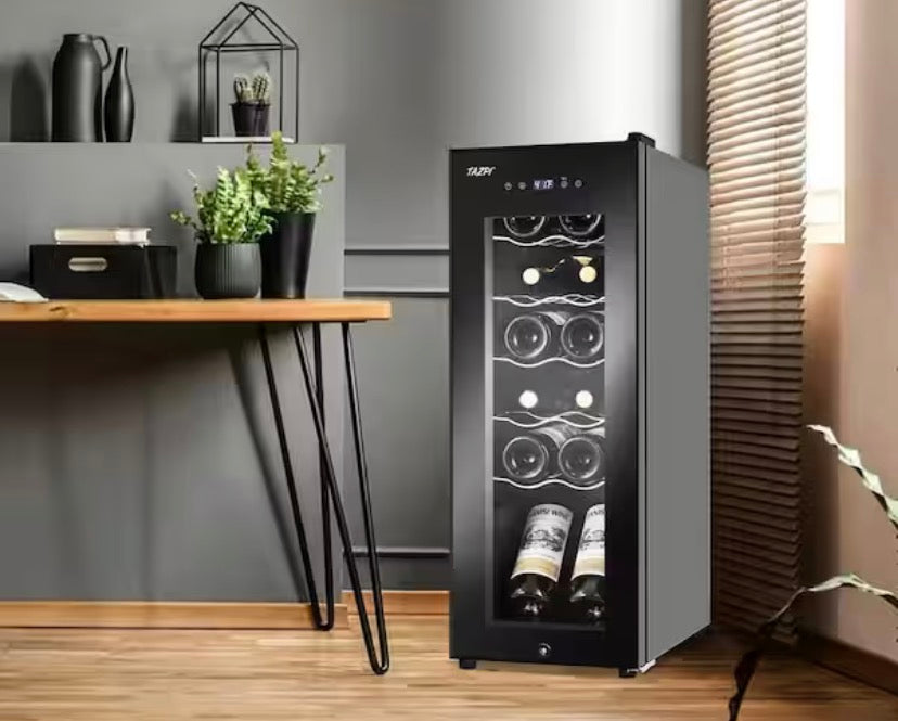 10.7 in. Wine Cooler 12 Bottle Freestanding Wine Refrigerator with Door Lock, Black