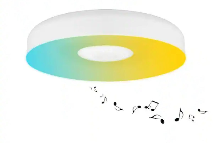 13 in. White Smart Gradient Light Flush Mount with Bluetooth Speaker Powered by Hubspace
