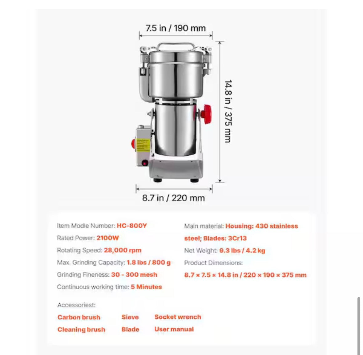 Electric Grain Mill Grinder 2100W High-Speed Stainless Steel Pulverizer 1.8 lb. Kitchen Tools for Spices Grains