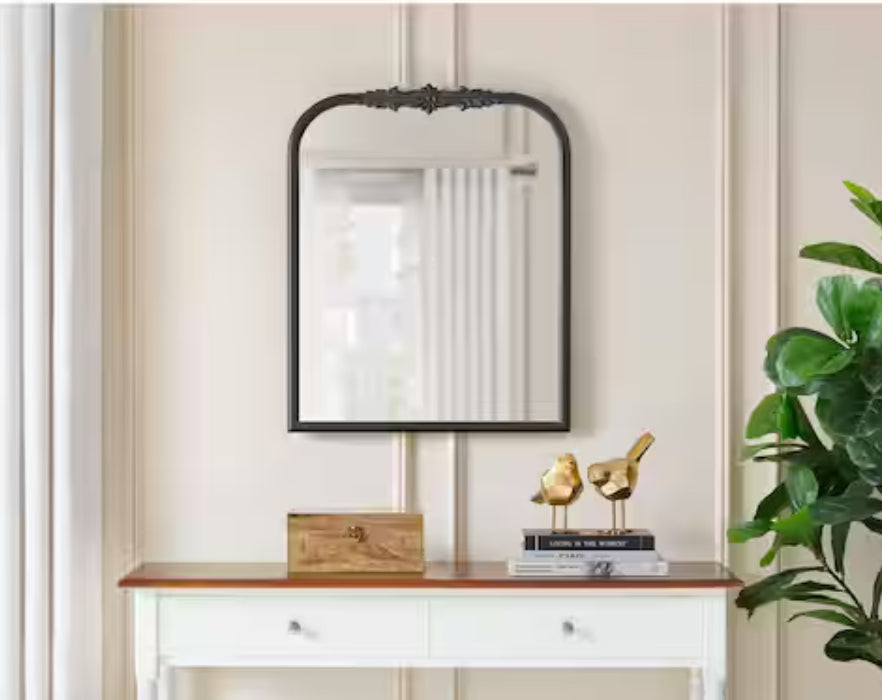 Medium French Country Arched Black Ornate Wood Framed Mirror (23 in. W x 29 in. H)