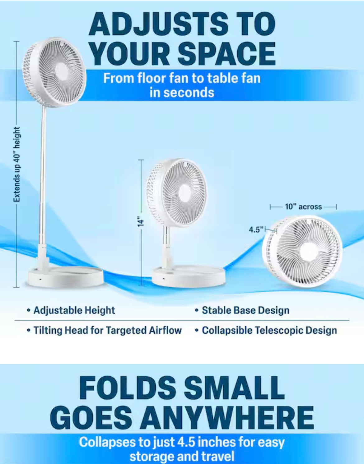 2-in-1 Adjustable Height 40 in. Unique Foldable and Portable My Foldaway Rechargeable Floor and Table Fan