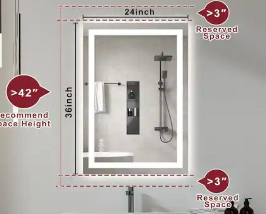24 in. W x 36 in. H Frameless LED Mirror Anti-Fog Dimmable 3-Color Shatterproof Wall Mounted Bathroom Vanity Mirror