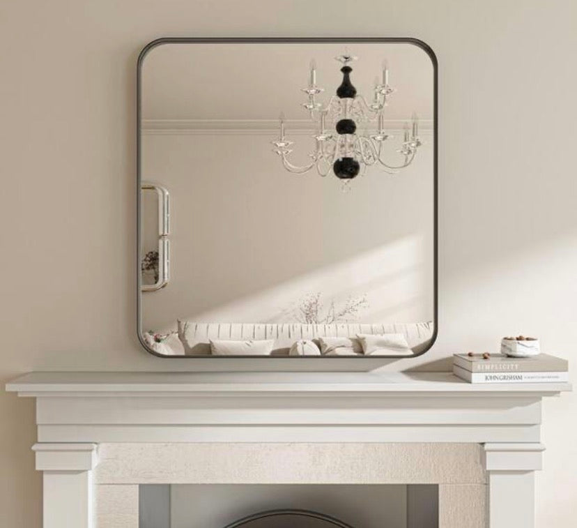 32 in. H x 36 in. W Rectangular Aluminum Framed Modern Black Rounded Wall Mirror