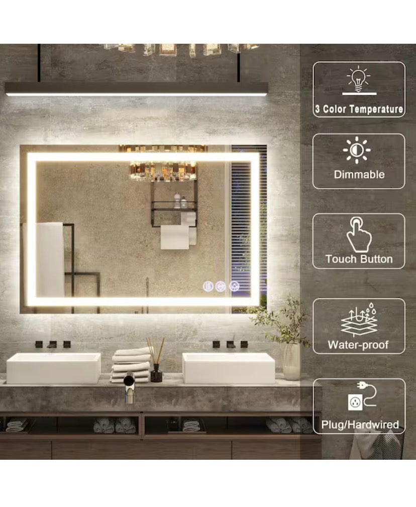 26 in. W x 38 in. H LED Light Anti-Fog Rectangular Modern Frameless White Wall Mirror