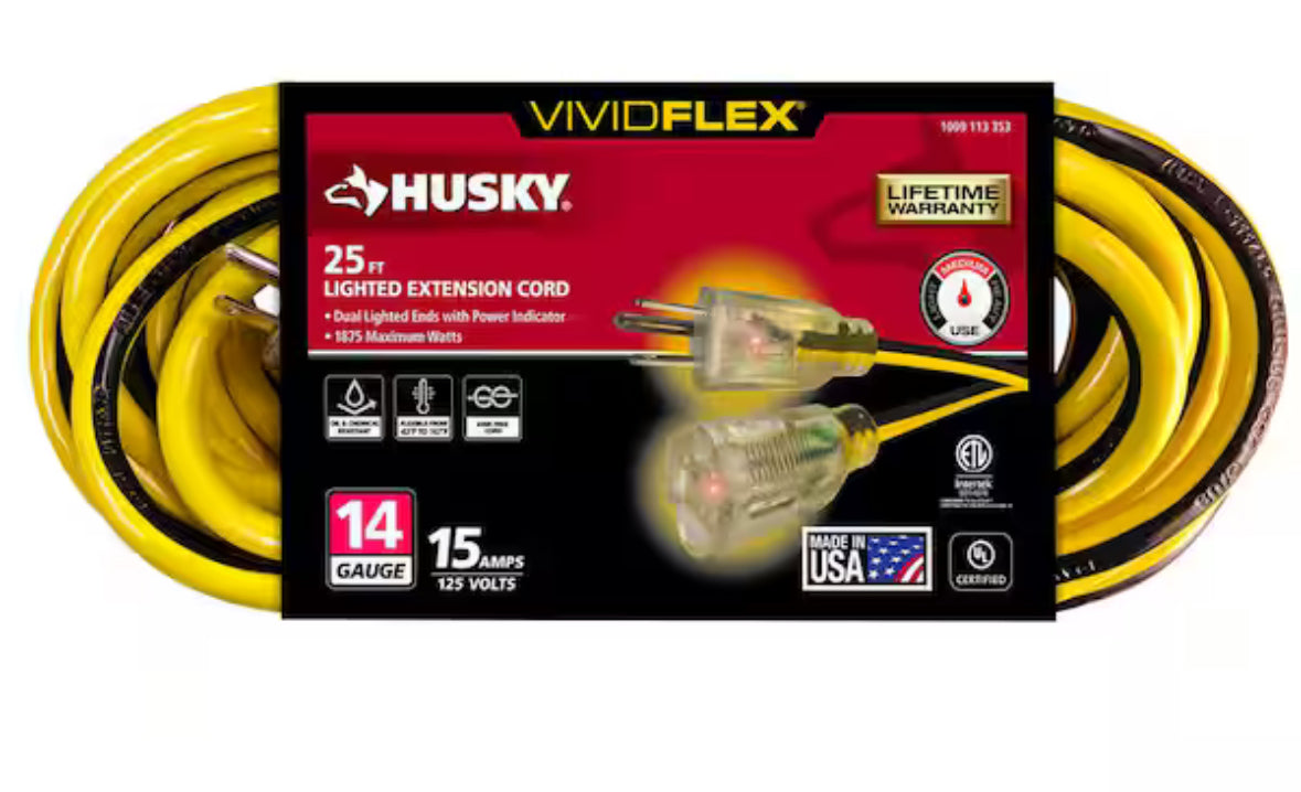 VividFlex 25 ft. 14/3 Heavy Duty Indoor/Outdoor Extension Cord with Lighted End, Yellow