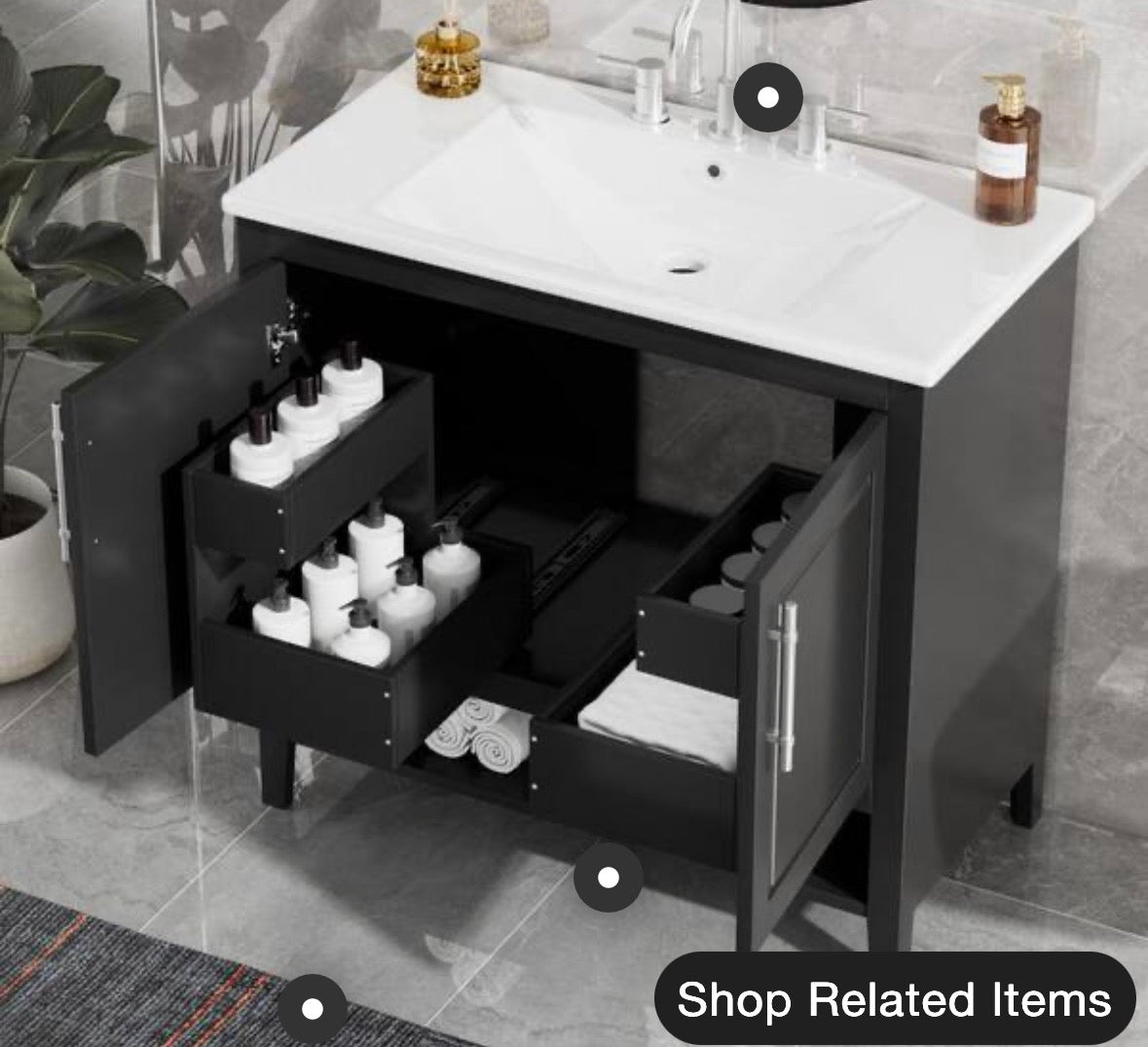 36 in. W Single Sink Bath Vanity in Black with White Ceramic Top, Open Shelf