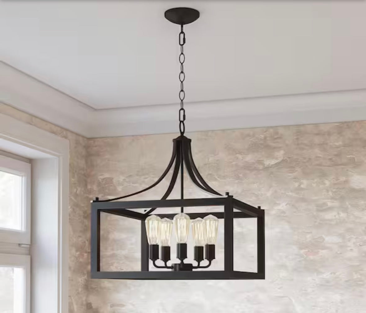 Boswell Quarter 20 in. 5-Light Distressed Black Farmhouse Pendant for Kitchen or Entryway